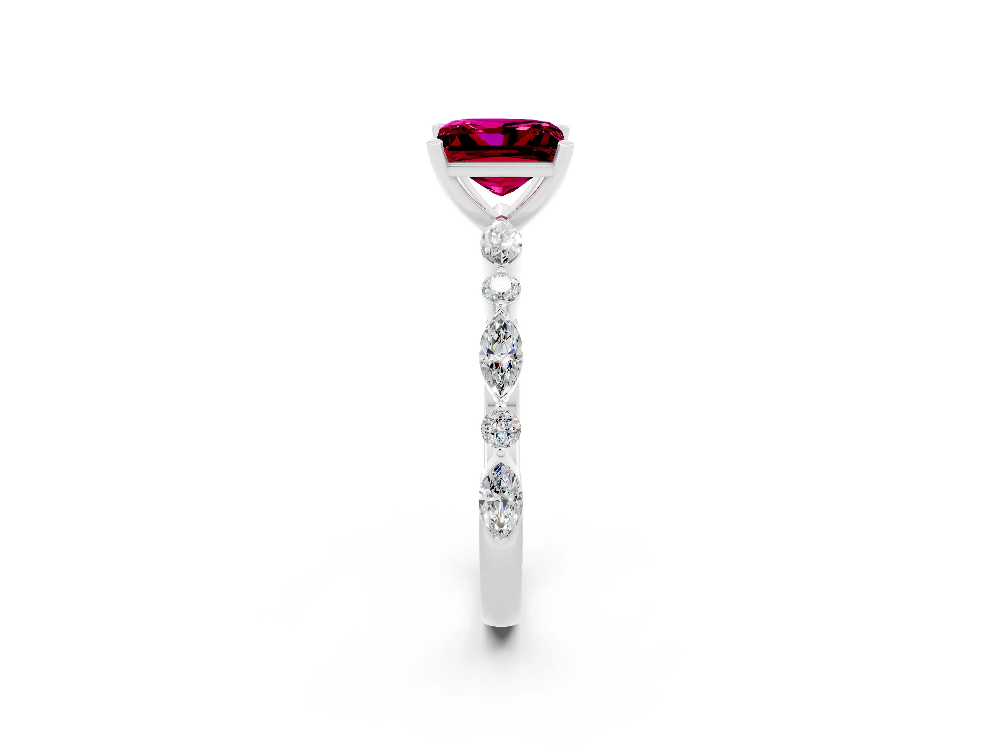 White gold Princess Cut Garnet Solitaire with Side Stones on a Pavé Band and Four-Prong Setting_2