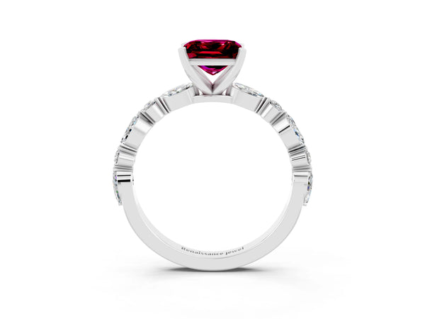 Platinum Princess Cut Garnet Ring with Marquise and Round  Side Stones and Four-Prong Setting