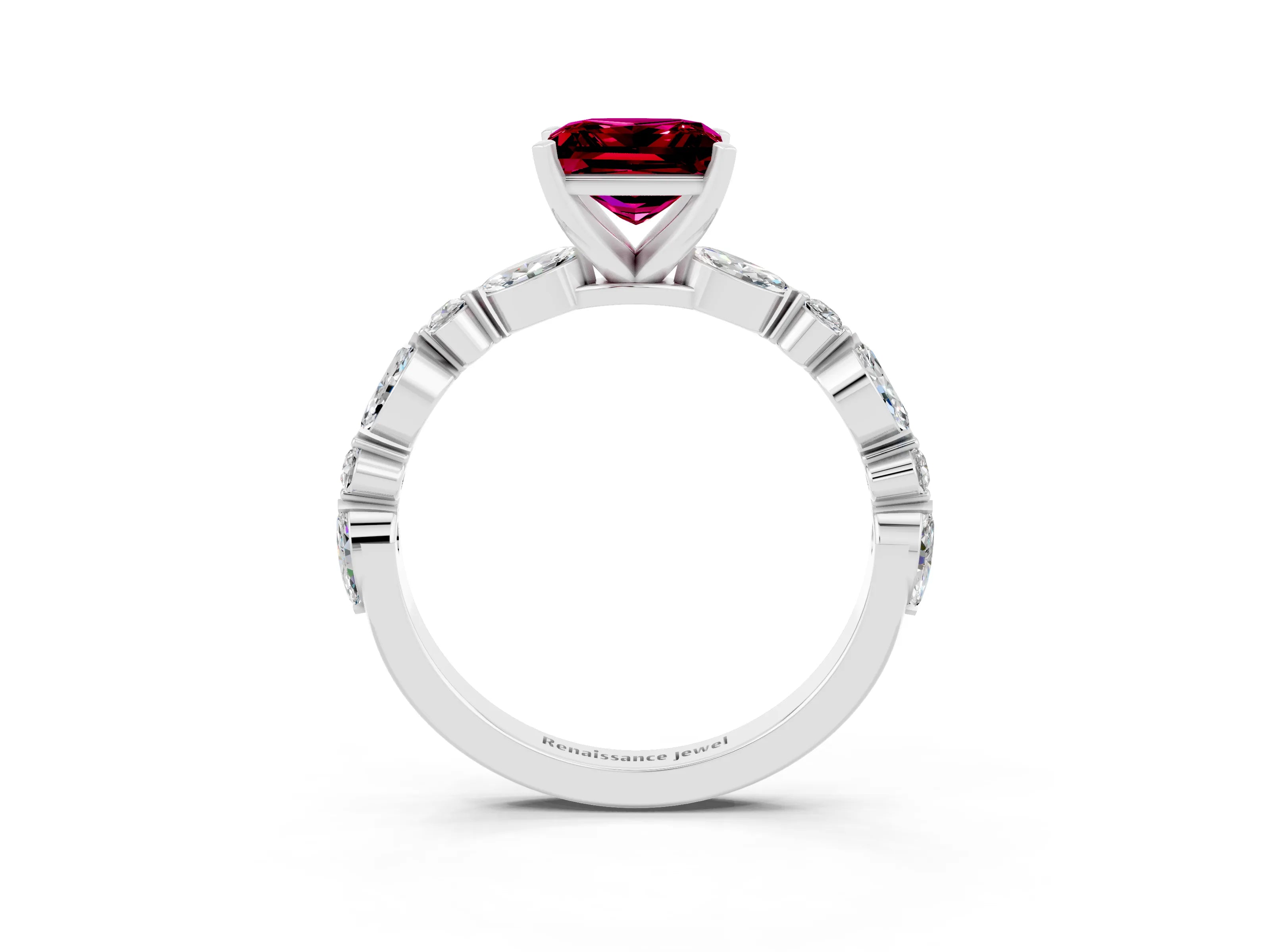 White gold Princess Cut Garnet Solitaire with Side Stones on a Pavé Band and Four-Prong Setting_3