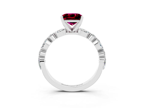 White gold Princess Cut Garnet Solitaire with Side Stones on a Pavé Band and Four-Prong Setting_3