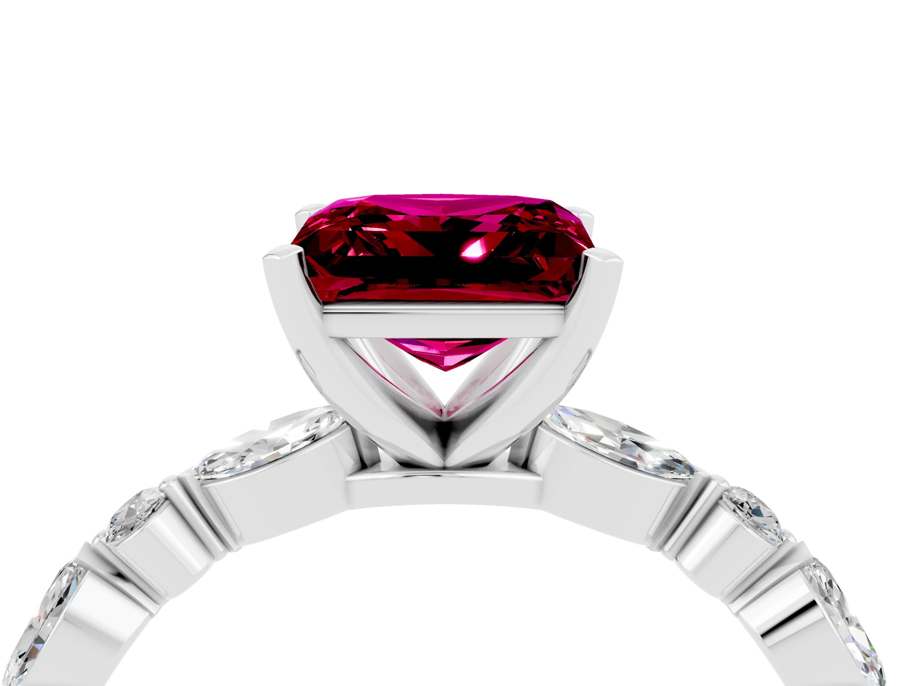 White gold Princess Cut Garnet Solitaire with Side Stones on a Pavé Band and Four-Prong Setting_4