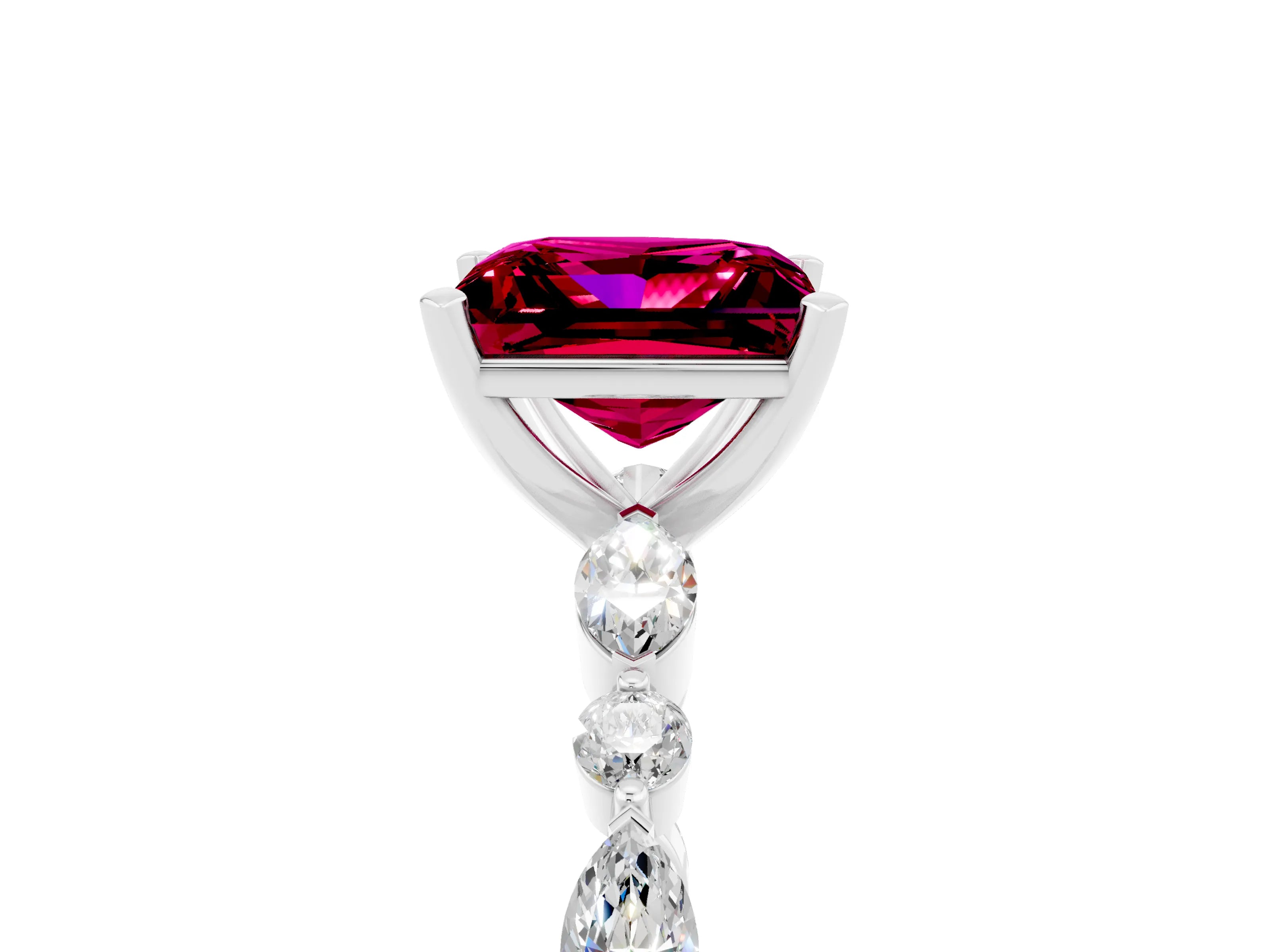White gold Princess Cut Garnet Solitaire with Side Stones on a Pavé Band and Four-Prong Setting_5