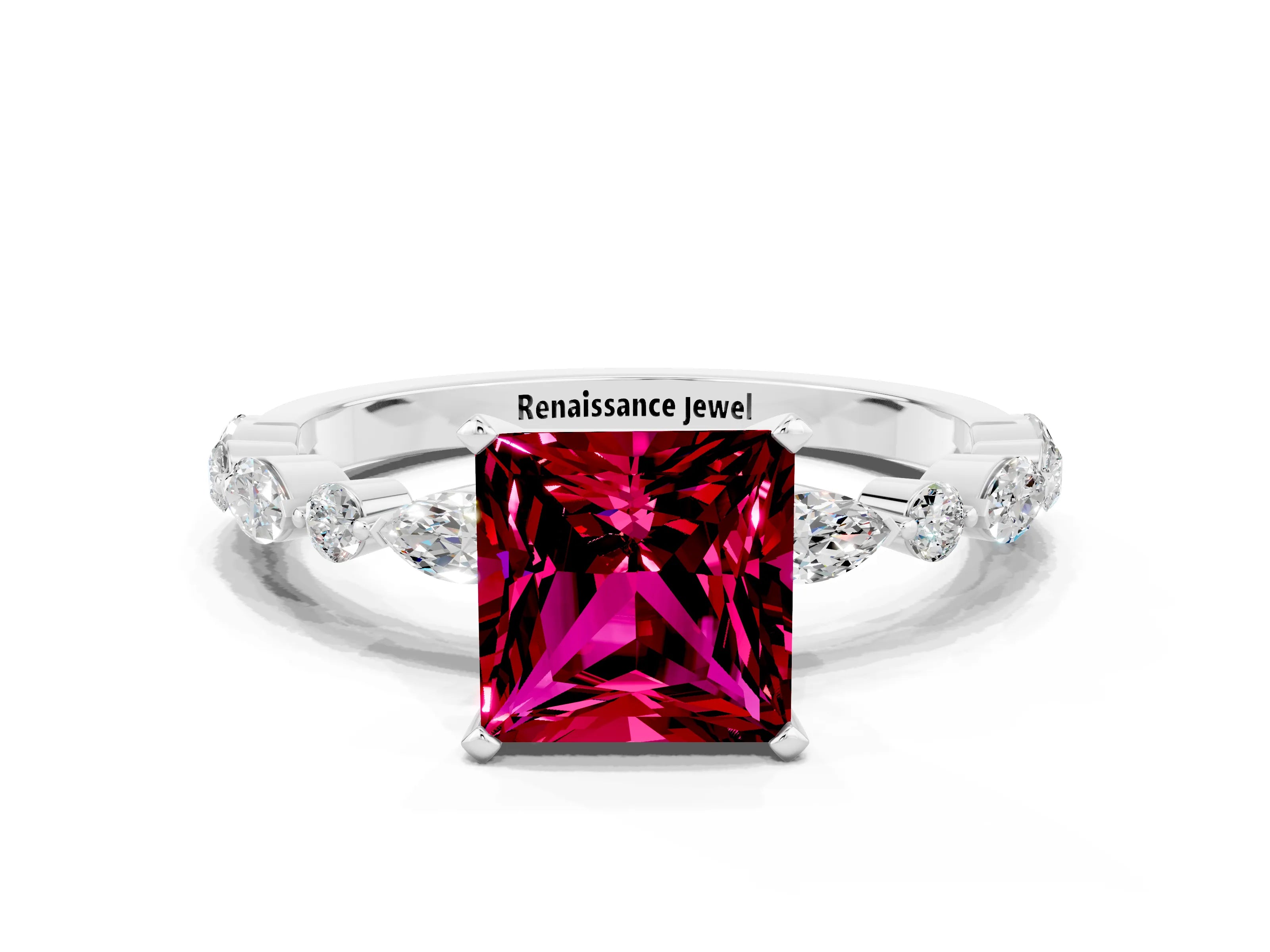 White gold Princess Cut Garnet Solitaire with Side Stones on a Pavé Band and Four-Prong Setting