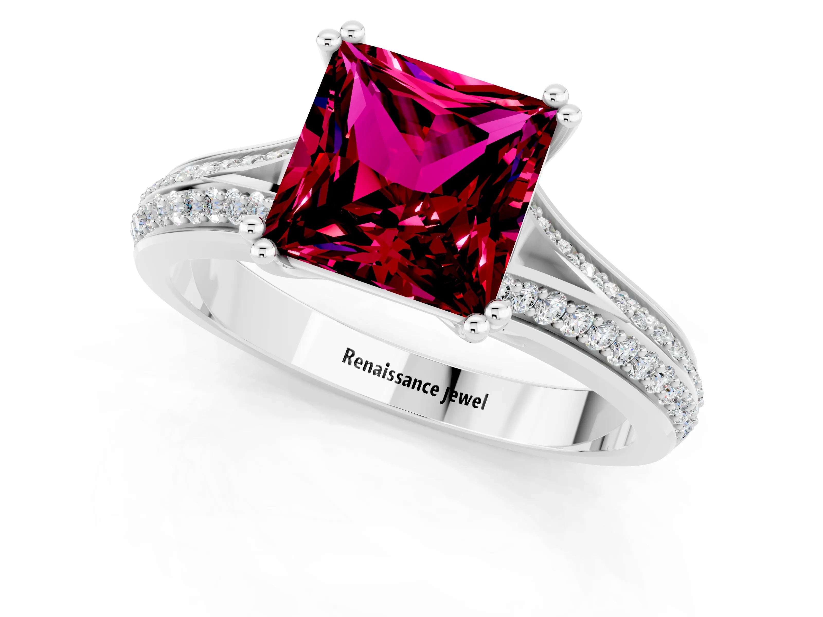 White gold Princess Cut Garnet Split Shank Engagement Ring with Pavé Band_1