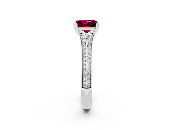 White gold Princess Cut Garnet Split Shank Engagement Ring with Pavé Band