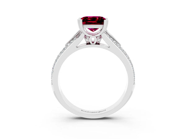Silver Princess Cut Garnet Split Shank Engagement Ring with Pavé Band
