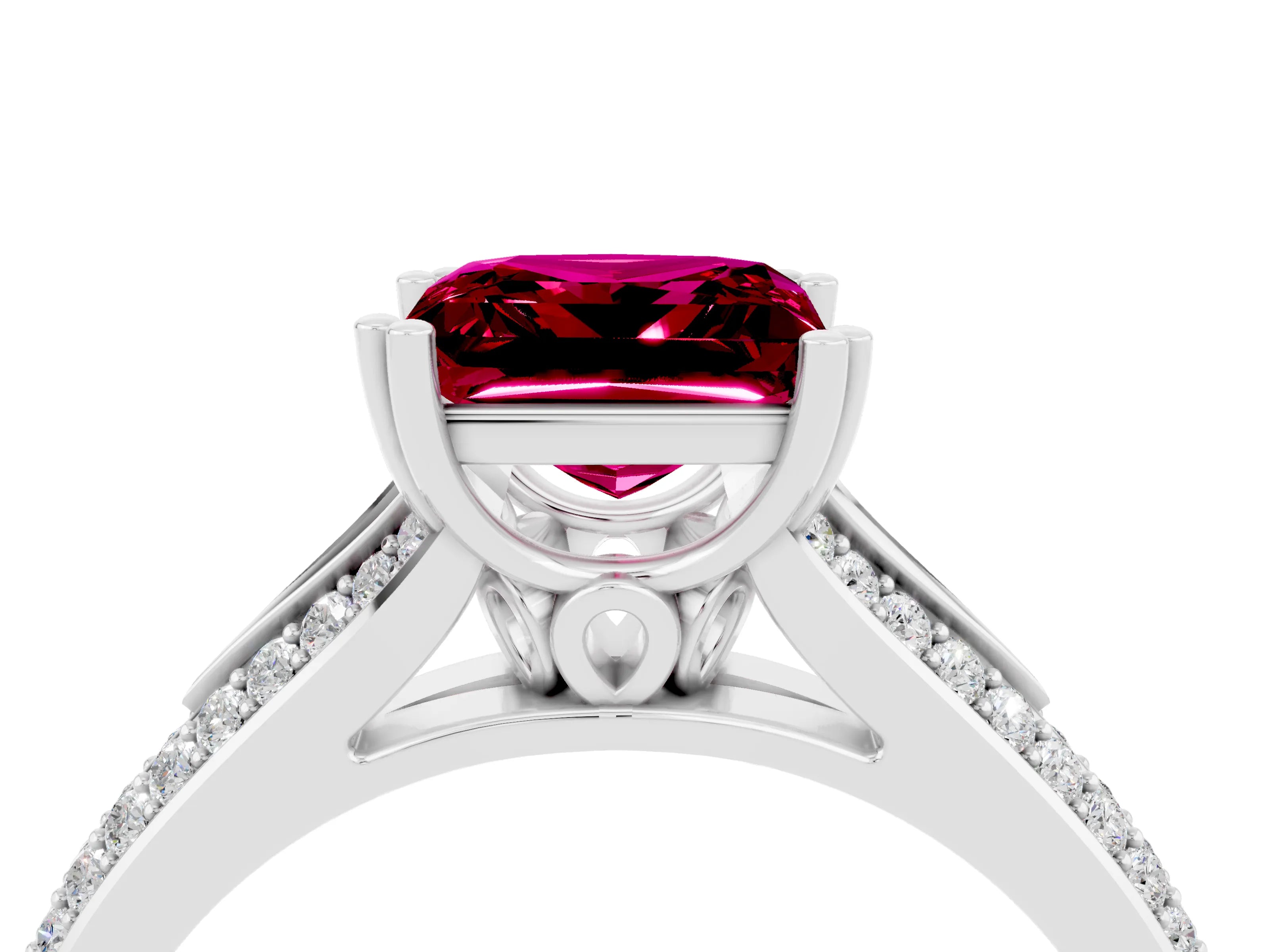 White gold Princess Cut Garnet Split Shank Engagement Ring with Pavé Band_4