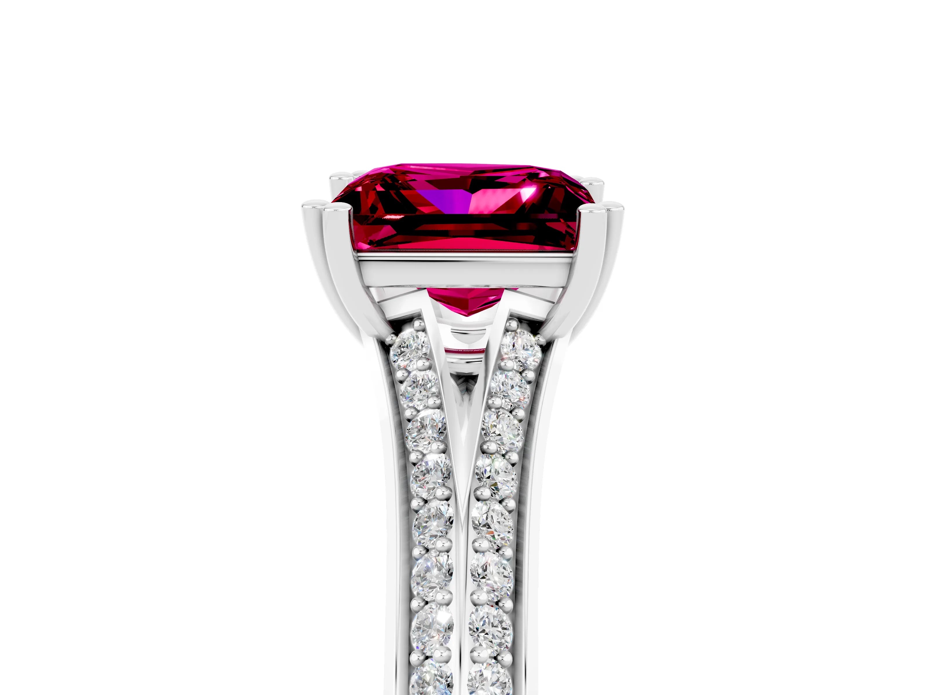 White gold Princess Cut Garnet Split Shank Engagement Ring with Pavé Band_5