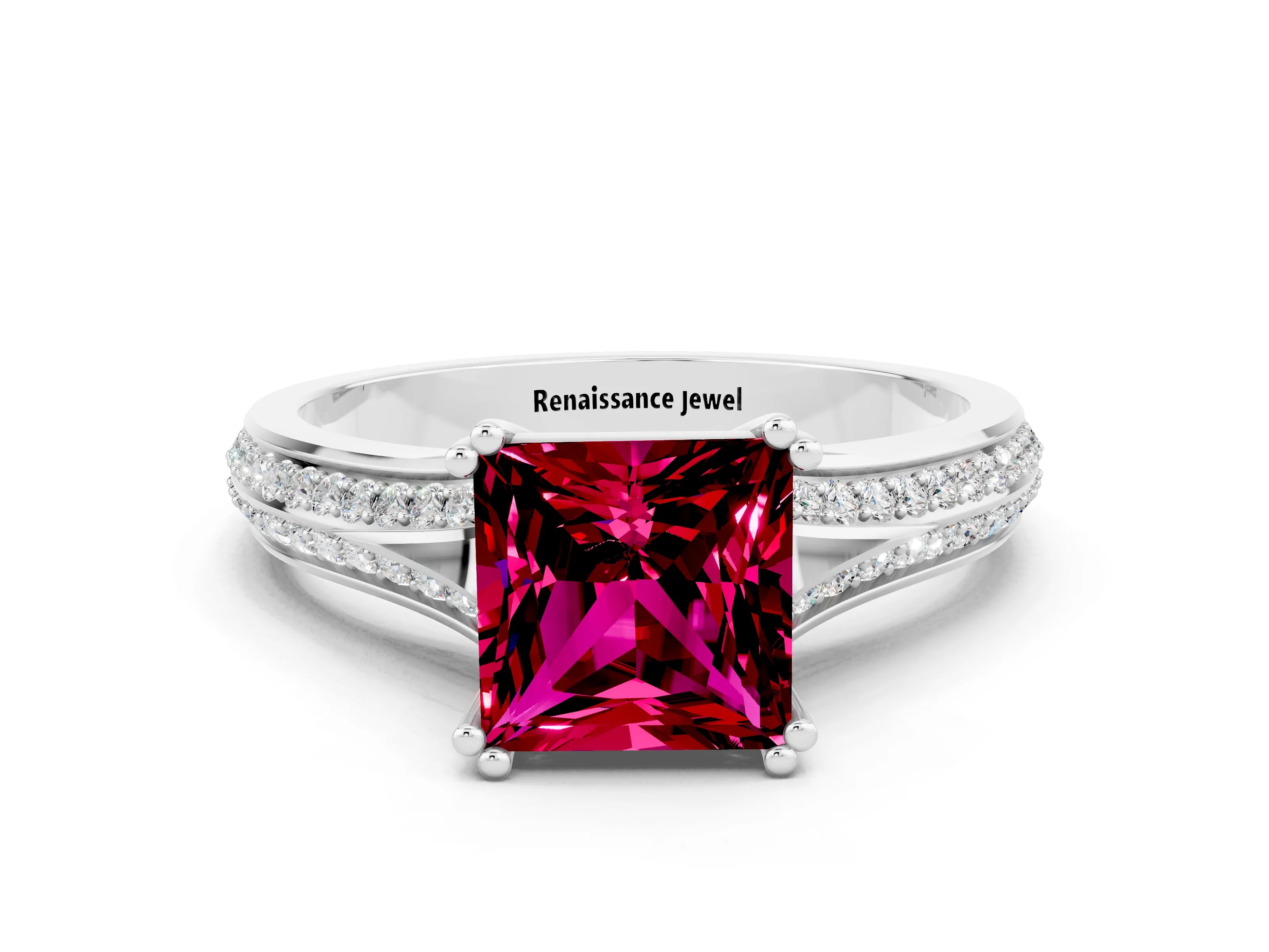 White gold Princess Cut Garnet Split Shank Engagement Ring with Pavé Band