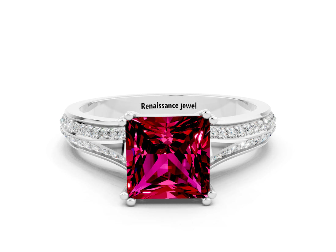 White gold Princess Cut Garnet Split Shank Engagement Ring with Pavé Band