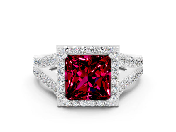 Silver Princess Cut Garnet Split Shank Halo Ring with Four-Prong Setting
