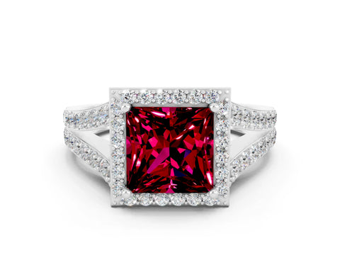 White gold Princess Cut Garnet Split Shank Halo Ring with Four-Prong Setting_10
