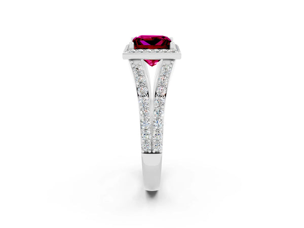 Platinum Princess Cut Garnet Split Shank Halo Ring with Four-Prong Setting
