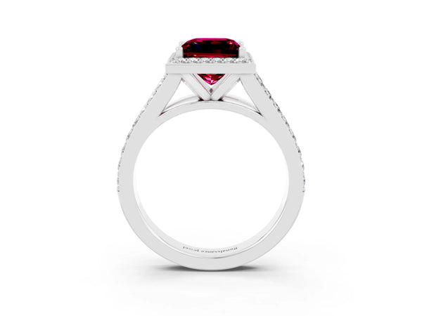 Platinum Princess Cut Garnet Split Shank Halo Ring with Four-Prong Setting