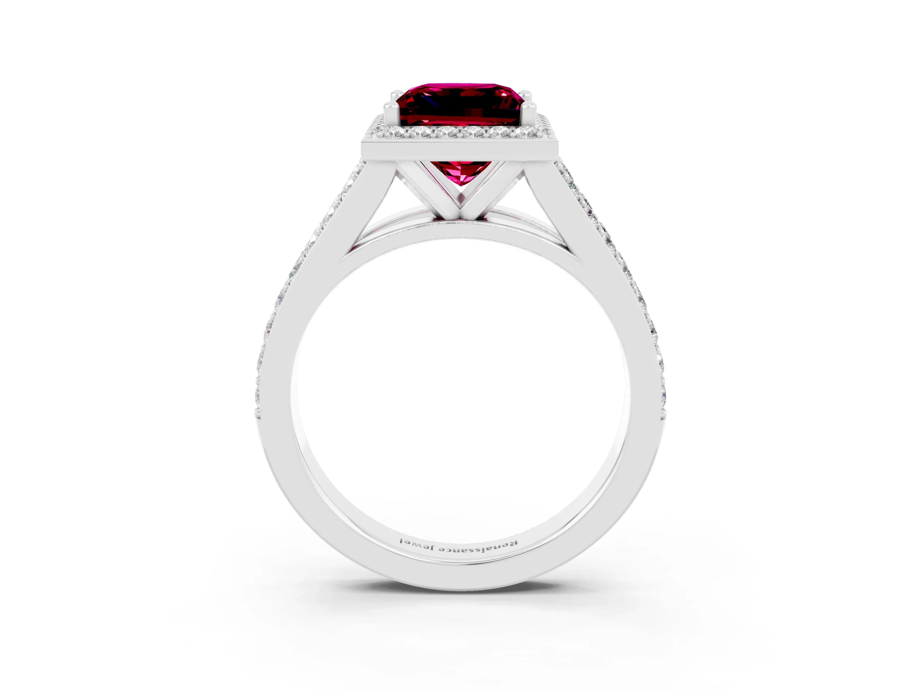 White gold Princess Cut Garnet Split Shank Halo Ring with Four-Prong Setting_13