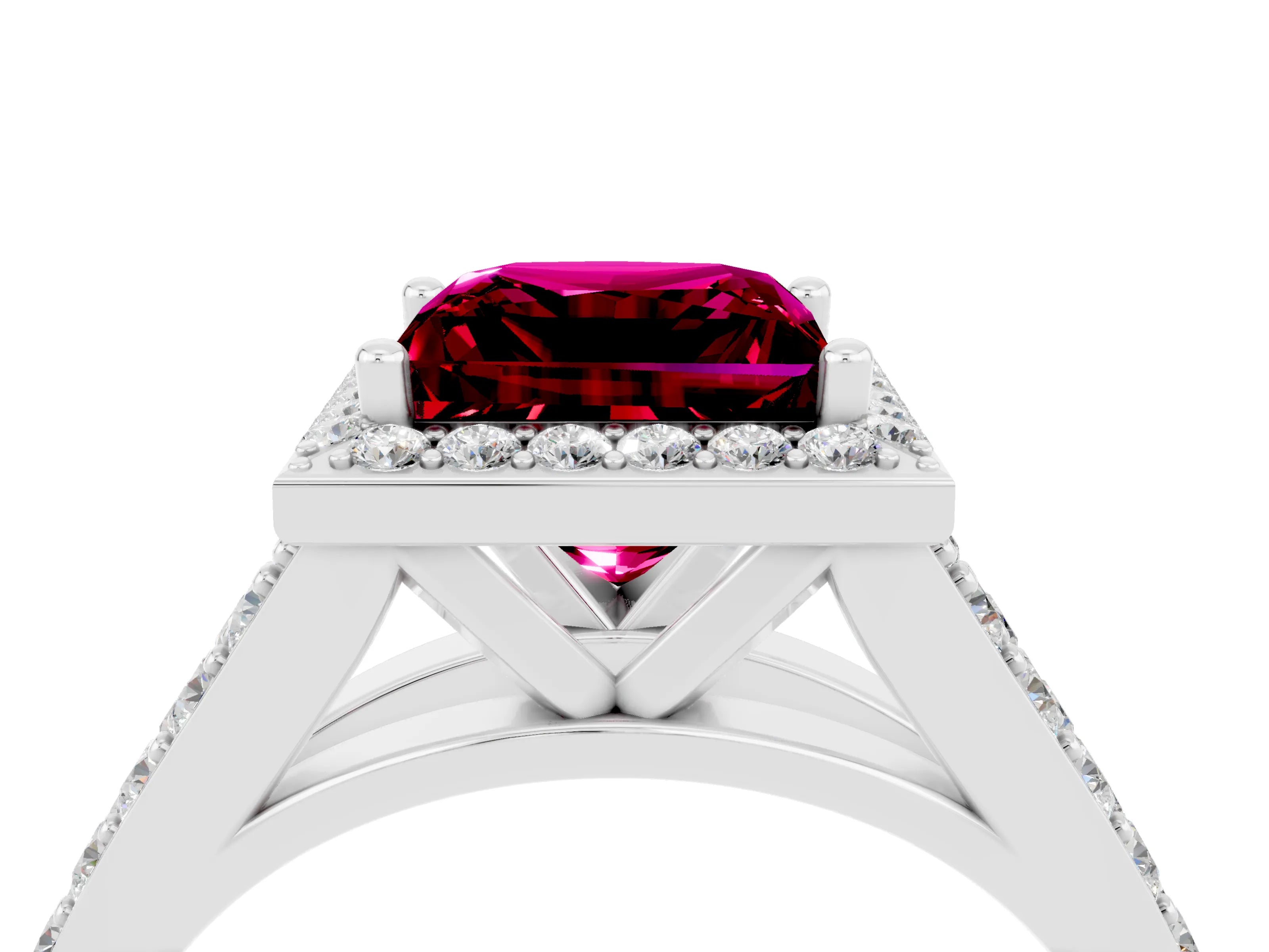 White gold Princess Cut Garnet Split Shank Halo Ring with Four-Prong Setting_14