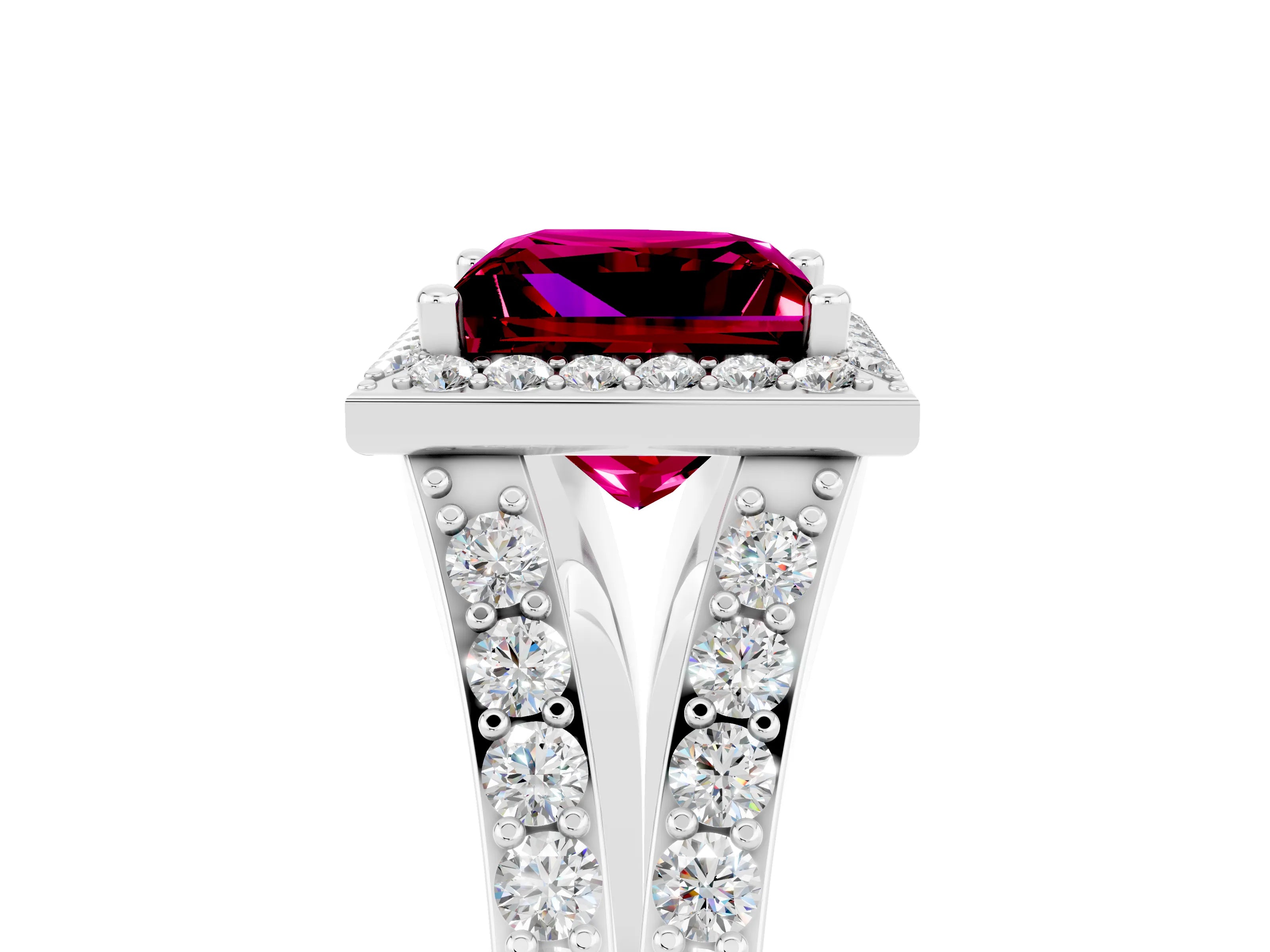 White gold Princess Cut Garnet Split Shank Halo Ring with Four-Prong Setting_27