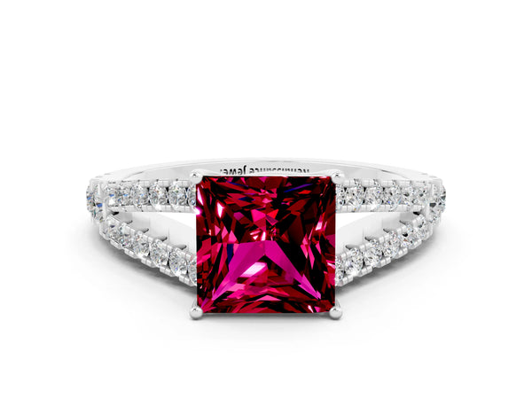 Silver Princess Cut Garnet Split Shank Pavé Engagement Ring with Four-Prong Setting