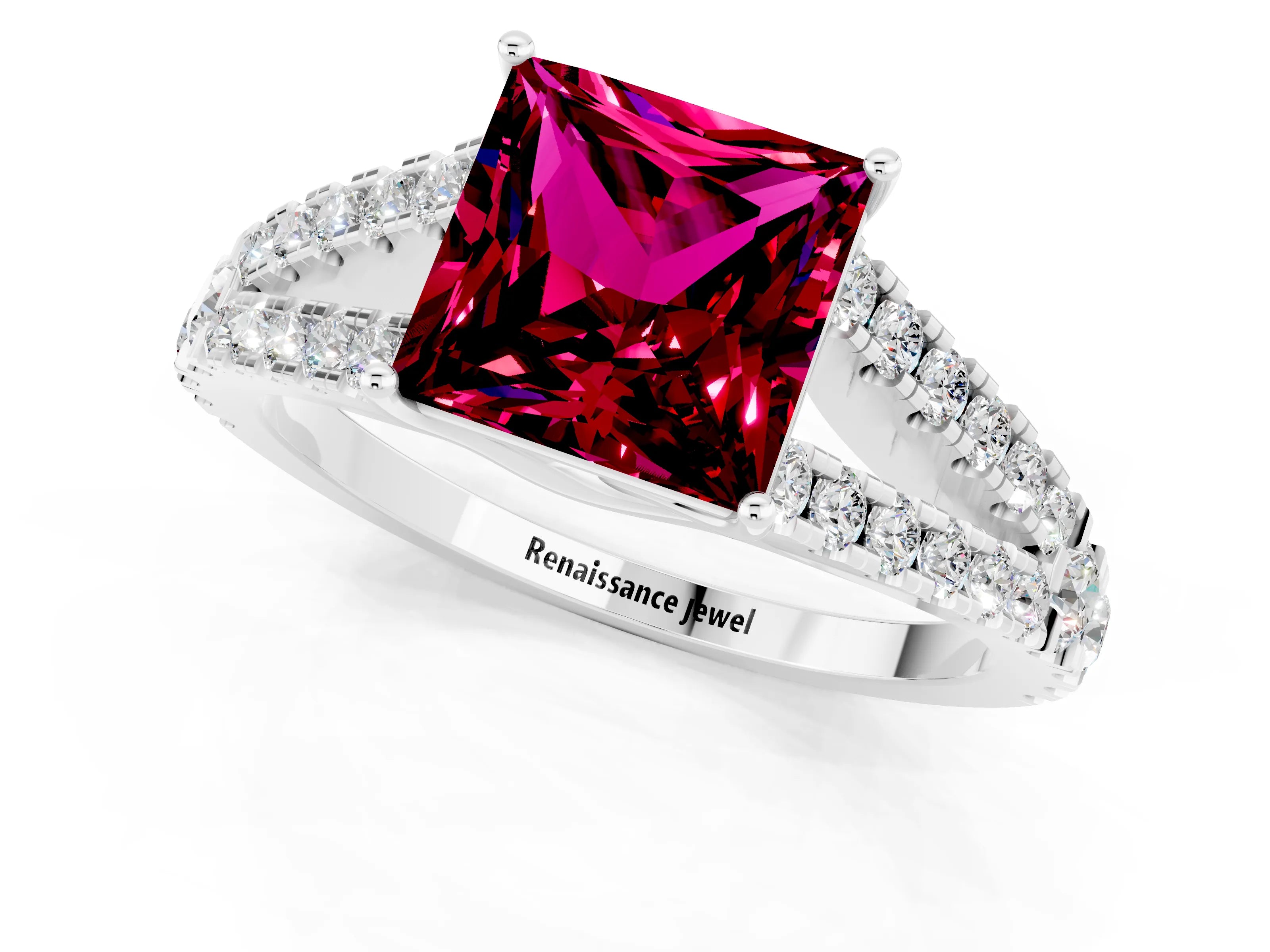 White gold Princess Cut Garnet Split Shank Pavé Engagement Ring with Four-Prong Setting_13