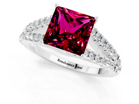 White gold Princess Cut Garnet Split Shank Pavé Engagement Ring with Four-Prong Setting_13