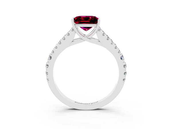 Platinum Princess Cut Garnet Split Shank Pavé Engagement Ring with Four-Prong Setting
