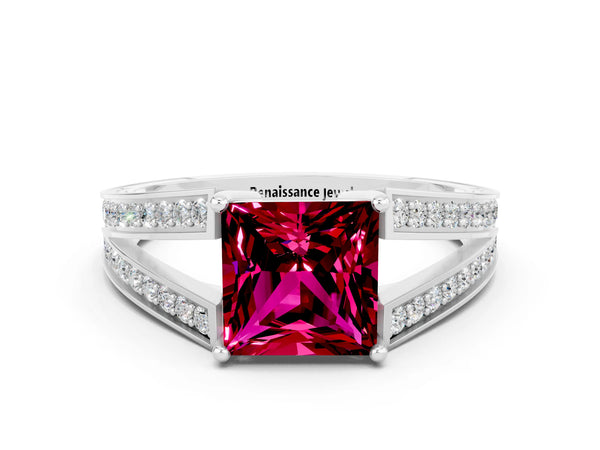 White gold Princess Cut Garnet Split Shank Ring with Pavé Band and Four-Prong Setting