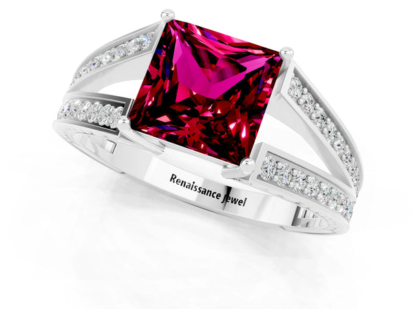 White gold Princess Cut Garnet Split Shank Ring with Pavé Band and Four-Prong Setting