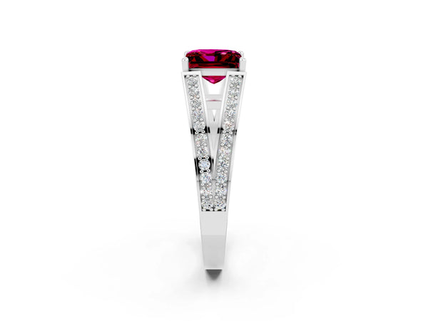 Platinum Princess Cut Garnet Split Shank Ring with Pavé Band and Four-Prong Setting