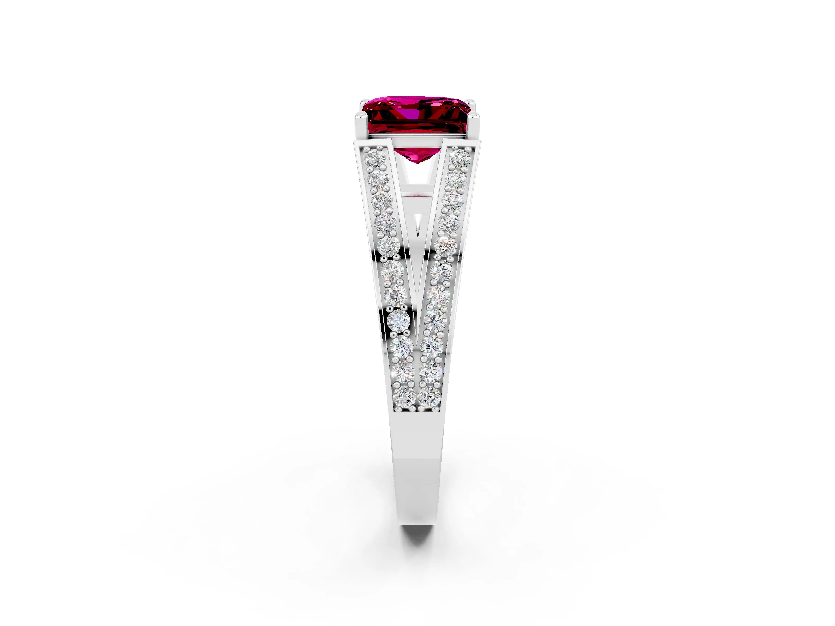 White gold Princess Cut Garnet Split Shank Ring with Pavé Band and Four-Prong Setting_2