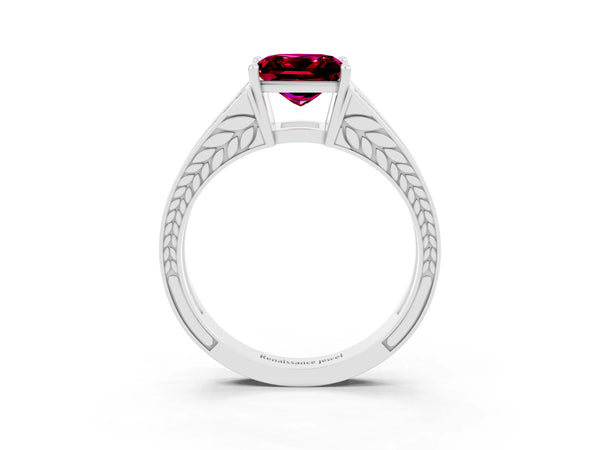 Silver Princess Cut Garnet Split Shank Ring with Pavé Band and Four-Prong Setting