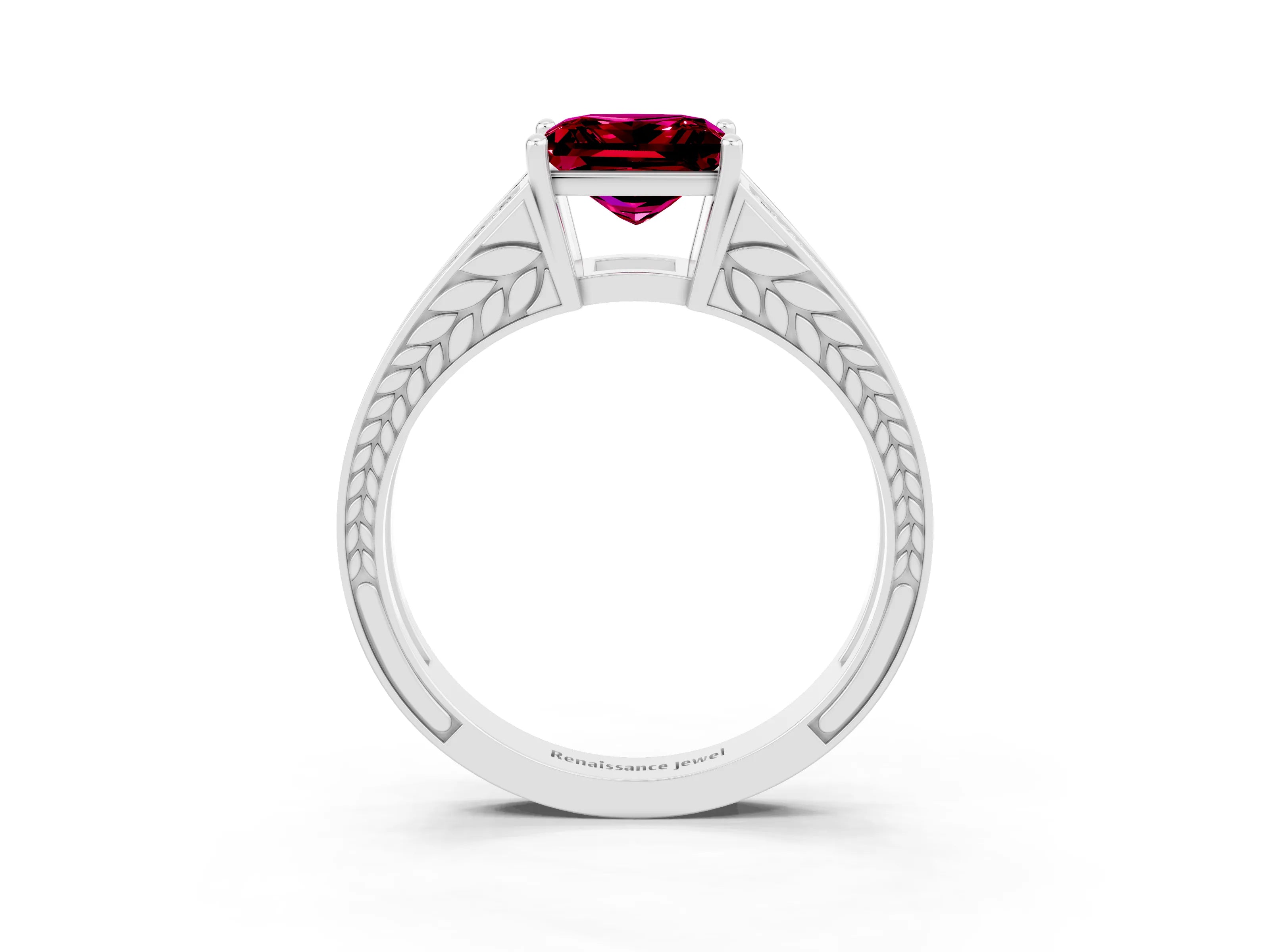 White gold Princess Cut Garnet Split Shank Ring with Pavé Band and Four-Prong Setting_3