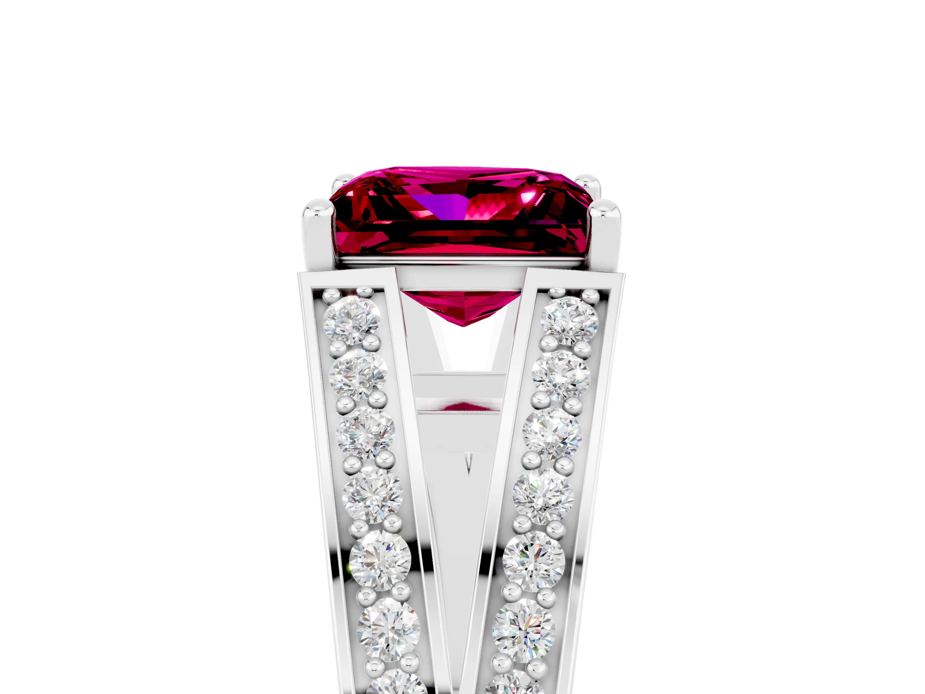 White gold Princess Cut Garnet Split Shank Ring with Pavé Band and Four-Prong Setting_5