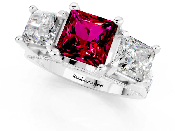 White gold Princess Cut Garnet Three-Stone Ring with Channel Set Band and Four-Prong Setting