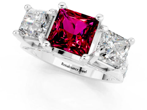 White gold Princess Cut Garnet Three-Stone Ring with Channel Set Band and Four-Prong Setting_1