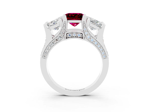 Platinum Princess Cut Garnet Three-Stone Ring with Channel Set Band and Four-Prong Setting