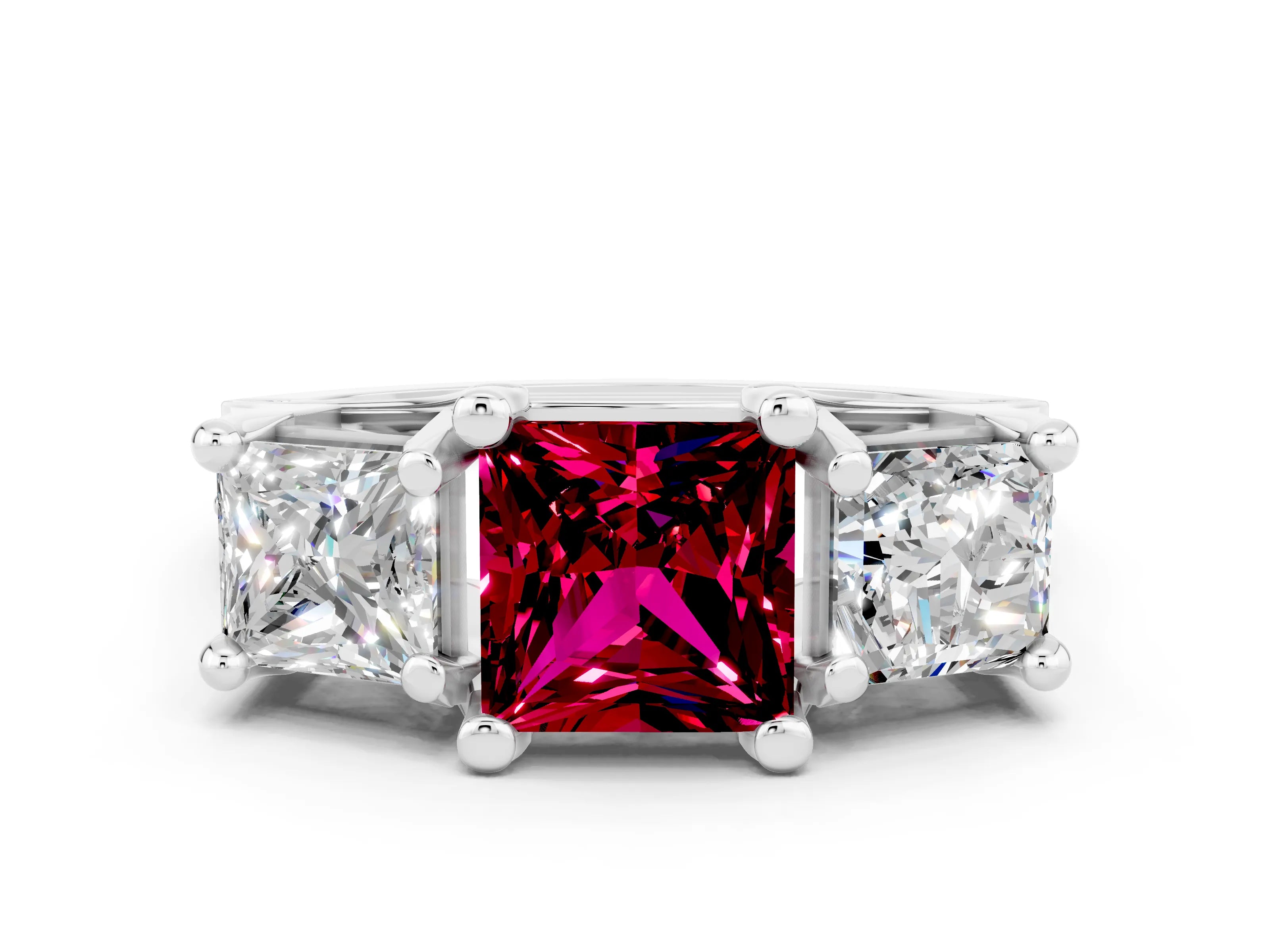 White gold Princess Cut Garnet Three-Stone Ring with Channel Set Band and Four-Prong Setting