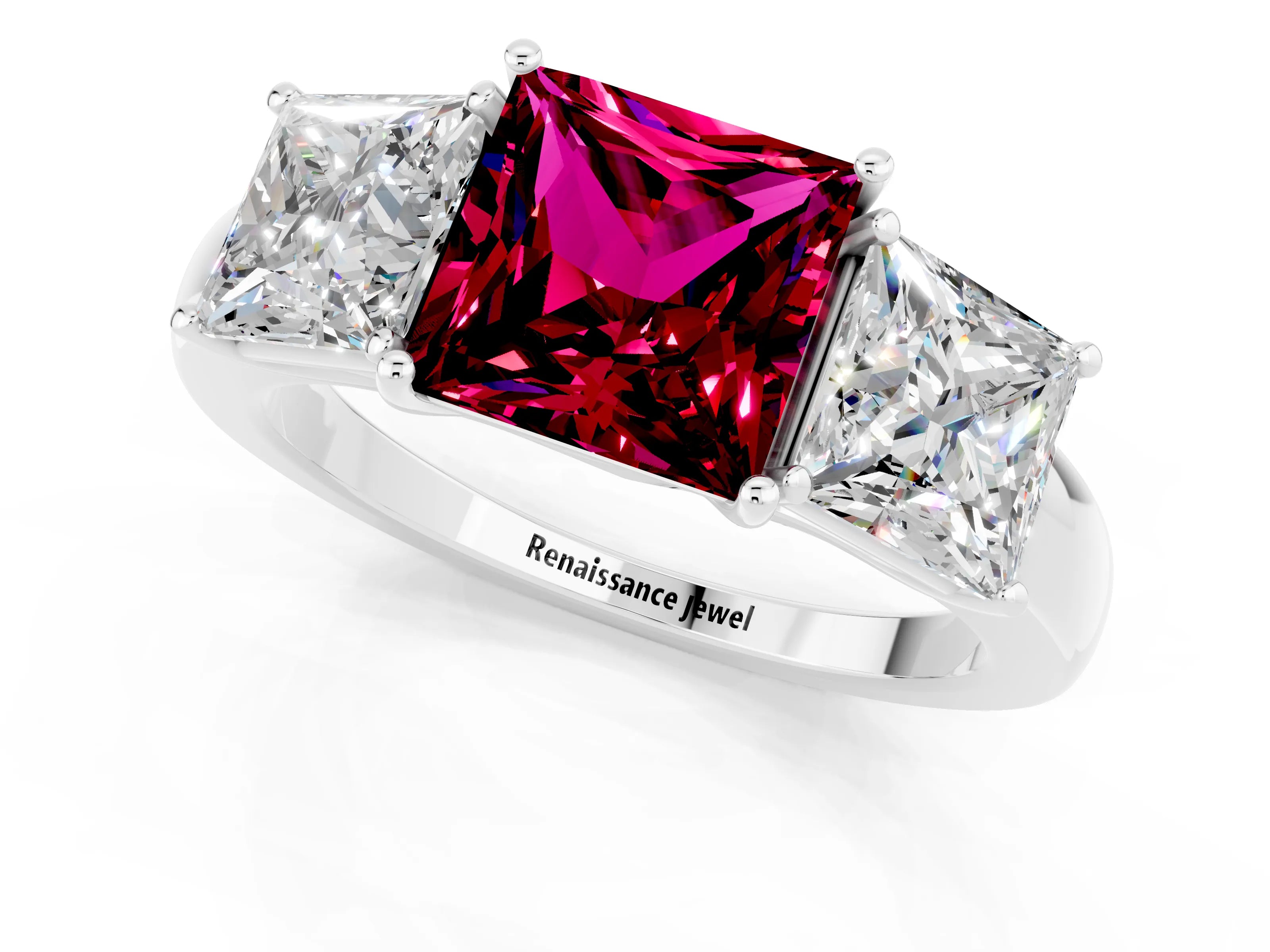 White gold Princess Cut Garnet Three-Stone Ring with Four-Prong Setting and Classic Band_1