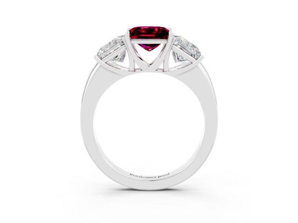 White gold Princess Cut Garnet Three-Stone Ring with Four-Prong Setting and Classic Band