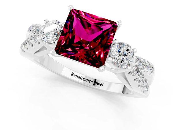 Platinum Princess Cut Garnet Three-Stone Ring with Pavé Split Shank and Four-Prong Setting