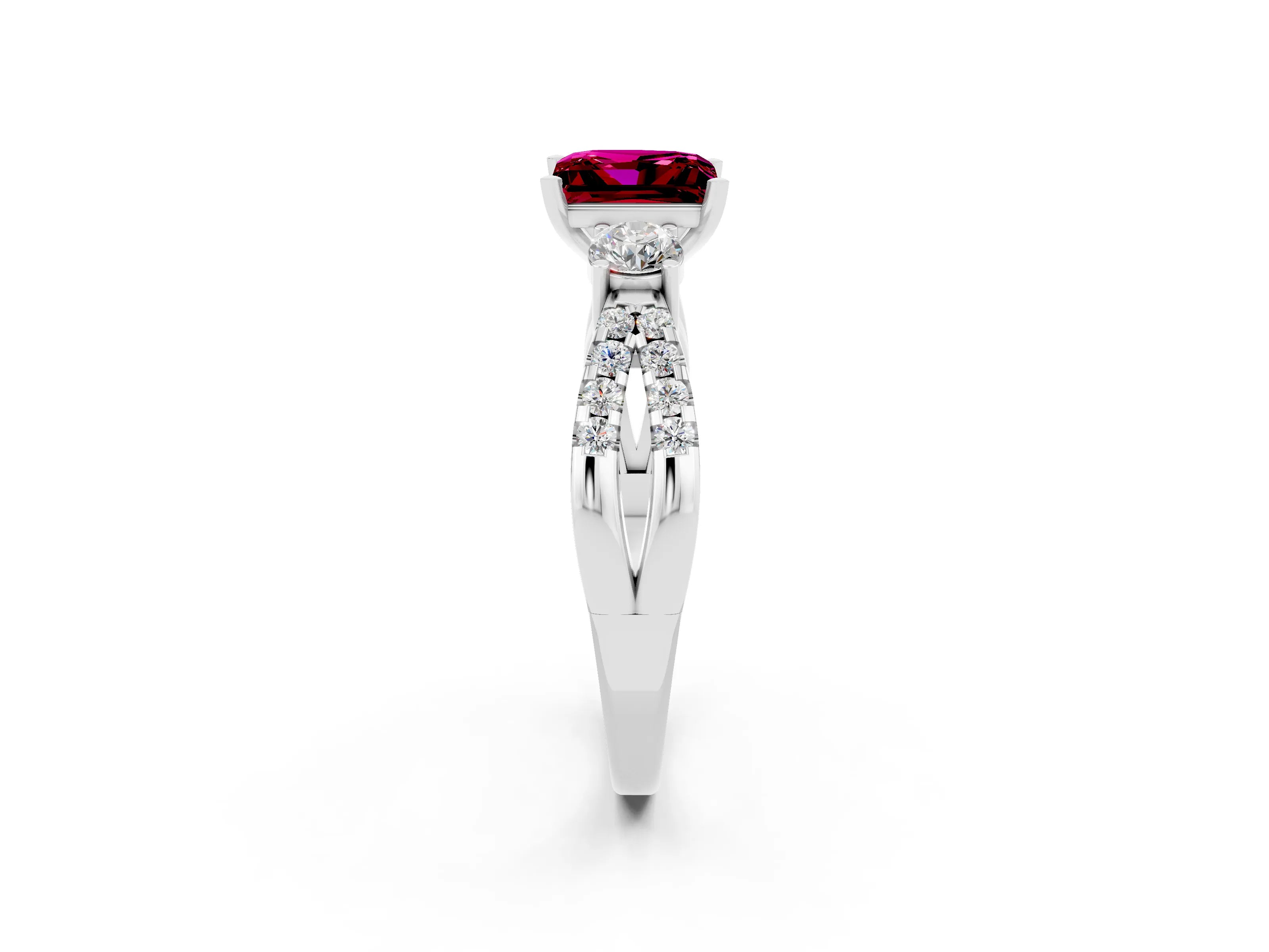 White gold Princess Cut Garnet Three-Stone Ring with Pavé Split Shank and Four-Prong Setting_2