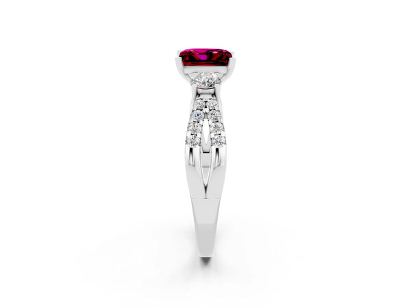 Silver Princess Cut Garnet Three-Stone Ring with Pavé Split Shank and Four-Prong Setting