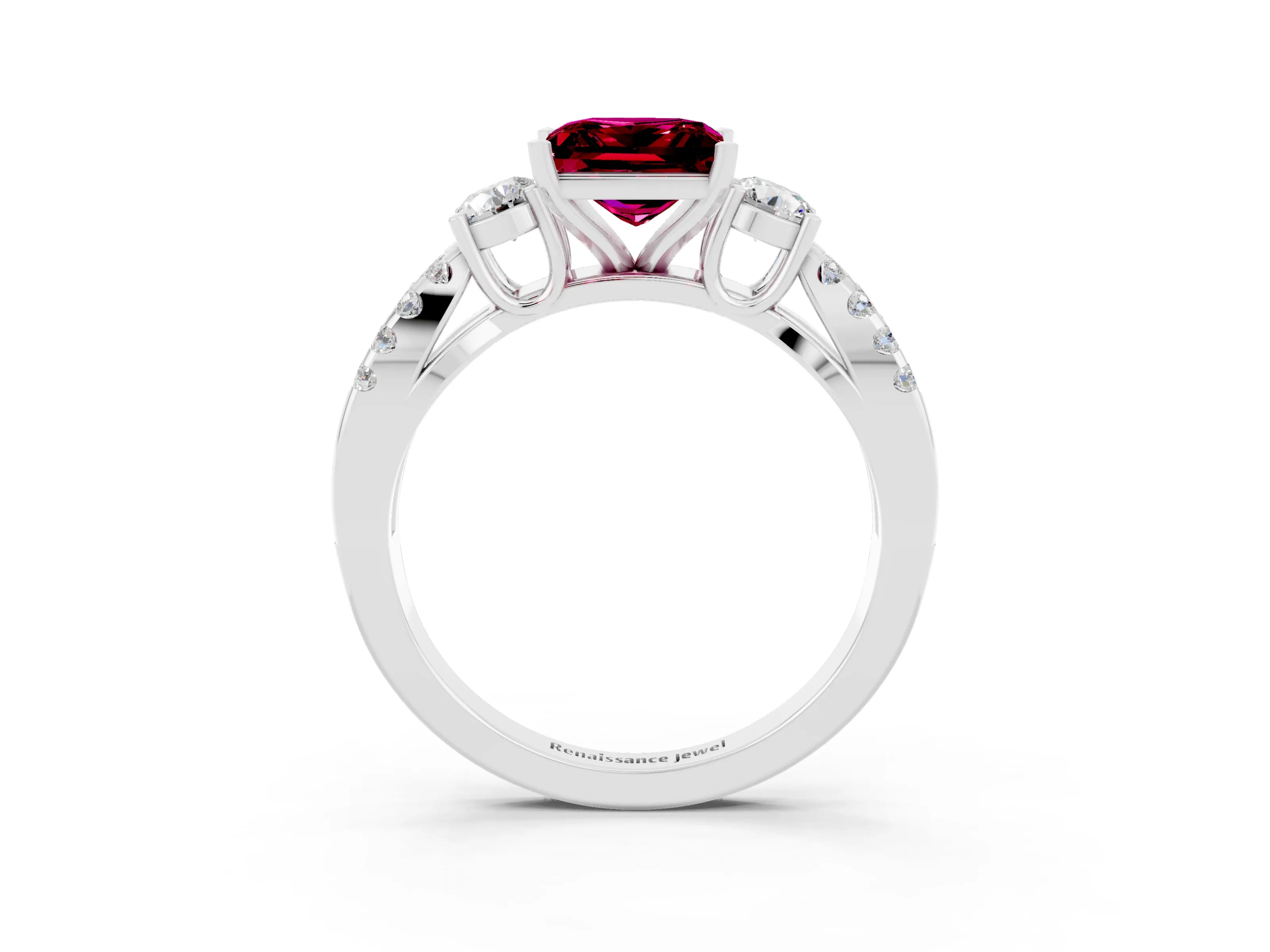 White gold Princess Cut Garnet Three-Stone Ring with Pavé Split Shank and Four-Prong Setting_3