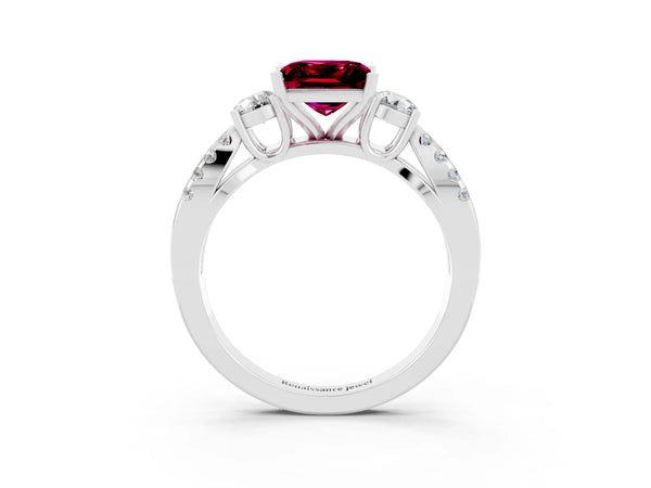 White gold Princess Cut Garnet Three-Stone Ring with Pavé Split Shank and Four-Prong Setting
