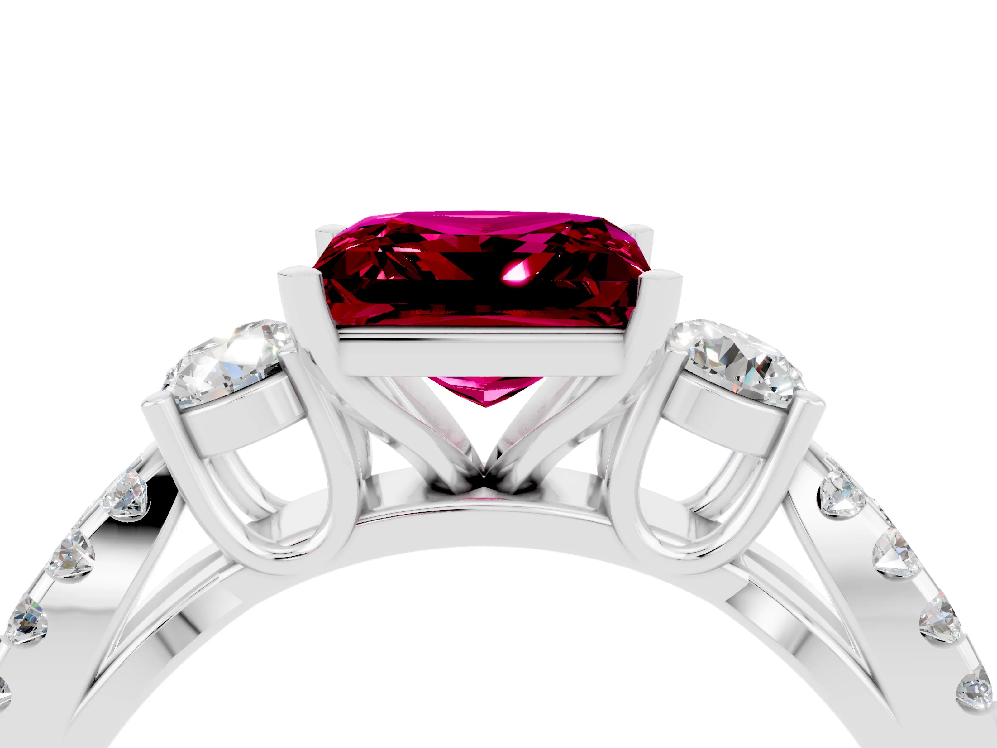 White gold Princess Cut Garnet Three-Stone Ring with Pavé Split Shank and Four-Prong Setting_4