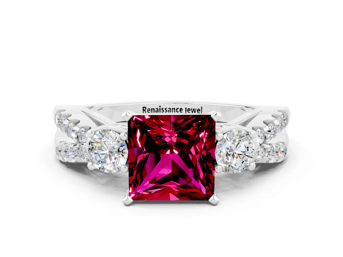 White gold Princess Cut Garnet Three-Stone Ring with Pavé Split Shank and Four-Prong Setting