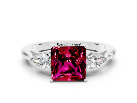 White gold Princess Cut Garnet Three-Stone Ring with Pear Side Stones and Four-Prong Setting_12