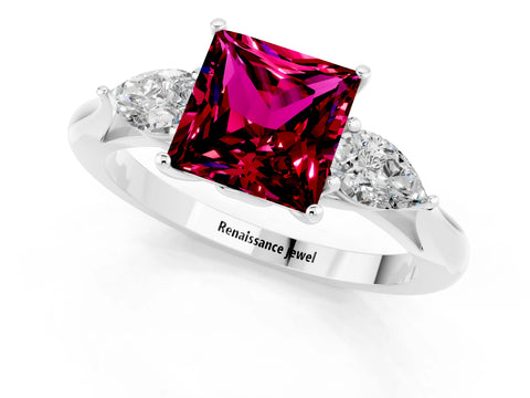 White gold Princess Cut Garnet Three-Stone Ring with Pear Side Stones and Four-Prong Setting_13