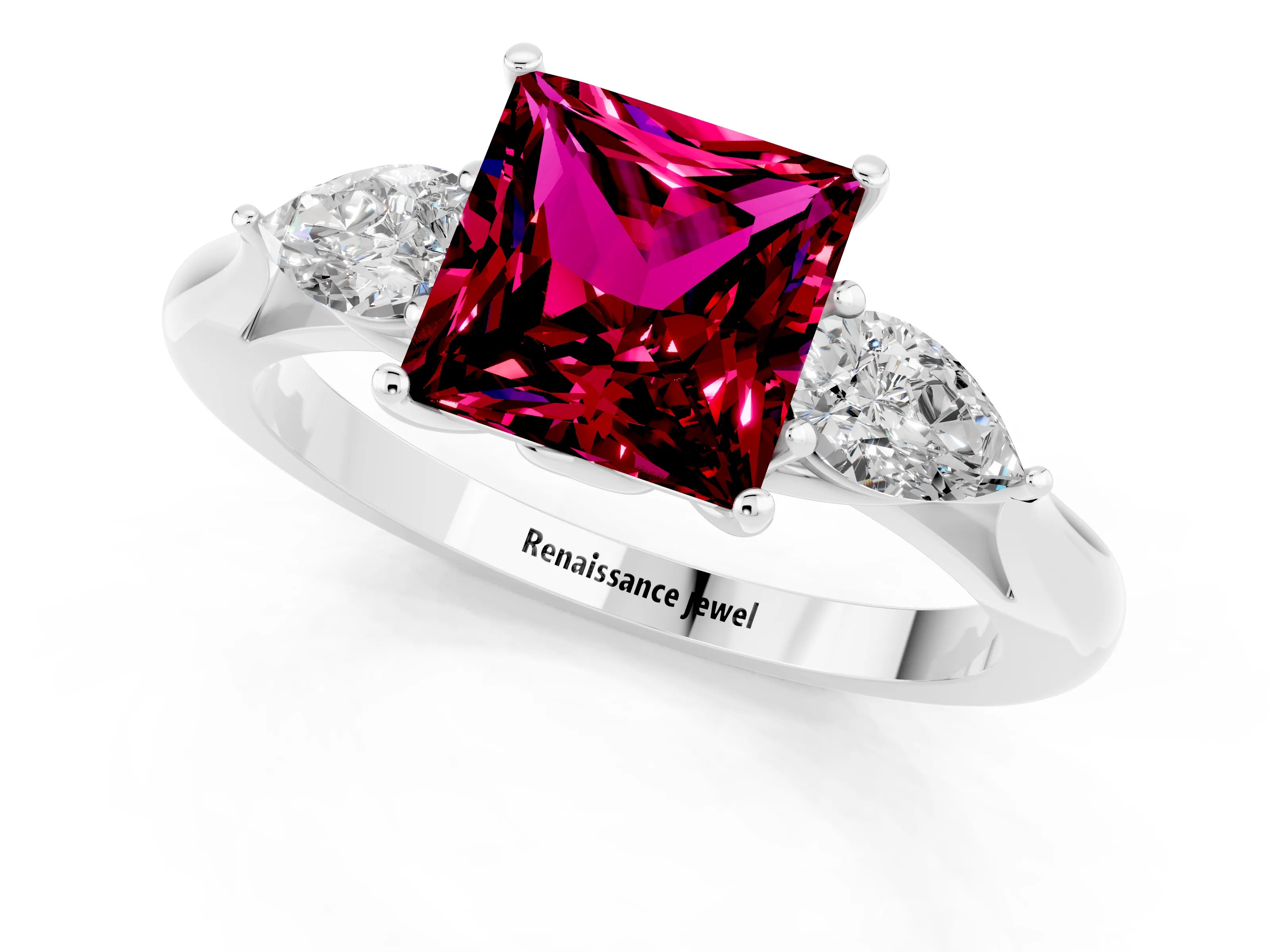 White gold Princess Cut Garnet Three-Stone Ring with Pear Side Stones and Four-Prong Setting_13