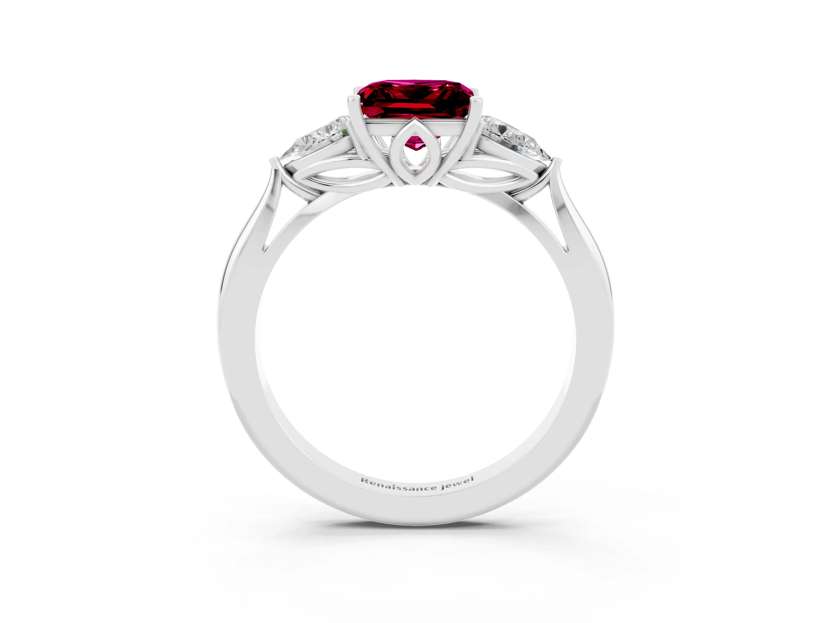 White gold Princess Cut Garnet Three-Stone Ring with Pear Side Stones and Four-Prong Setting_15