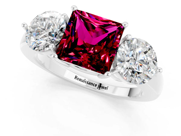 Platinum Princess Cut Garnet Three-Stone Ring with Prong Setting and Classic Band